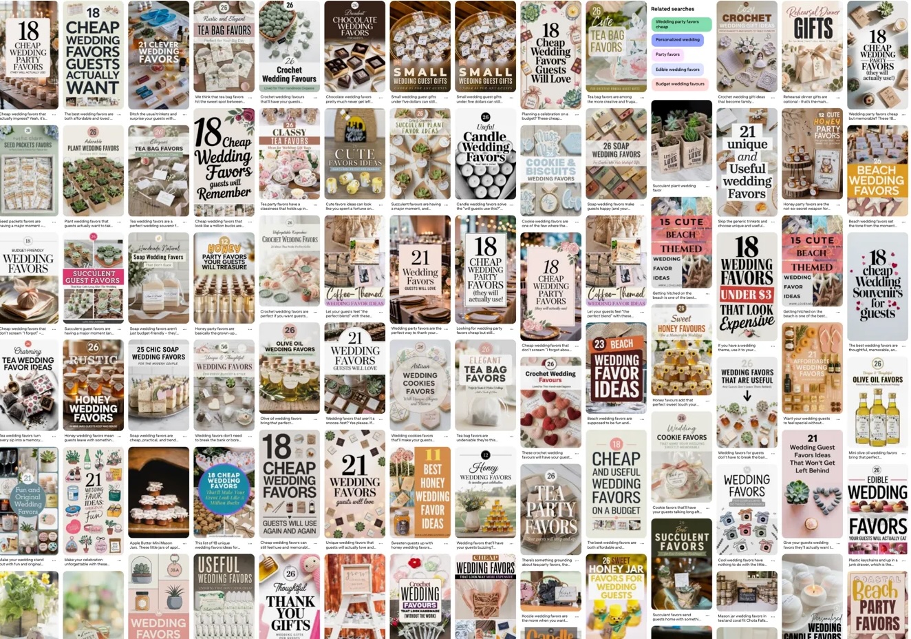 Pinterest search results, showing a grid of wedding pins.