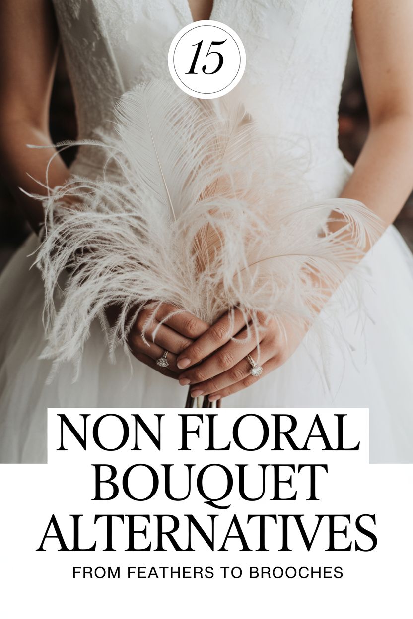 Bride in a white dress holding a bouquet of white feathers, with text overlay highlighting creative non floral bouquets for your special day.
