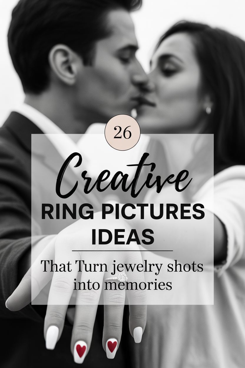 A couple poses closely as the woman shows her hand with painted nails and rings; text overlay reads "26 Creative Wedding Ring Photos Ideas That Turn jewelry shots into memories.