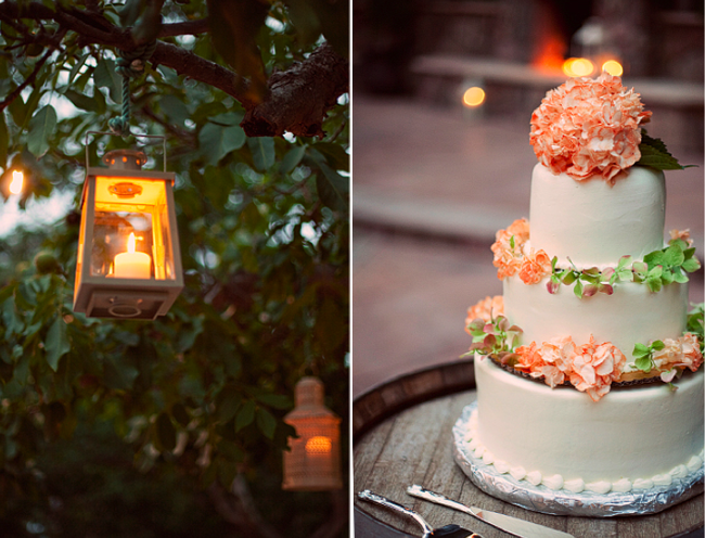 candle lit lantern hanging from tree; 3-tier wedding cake with peach flowers