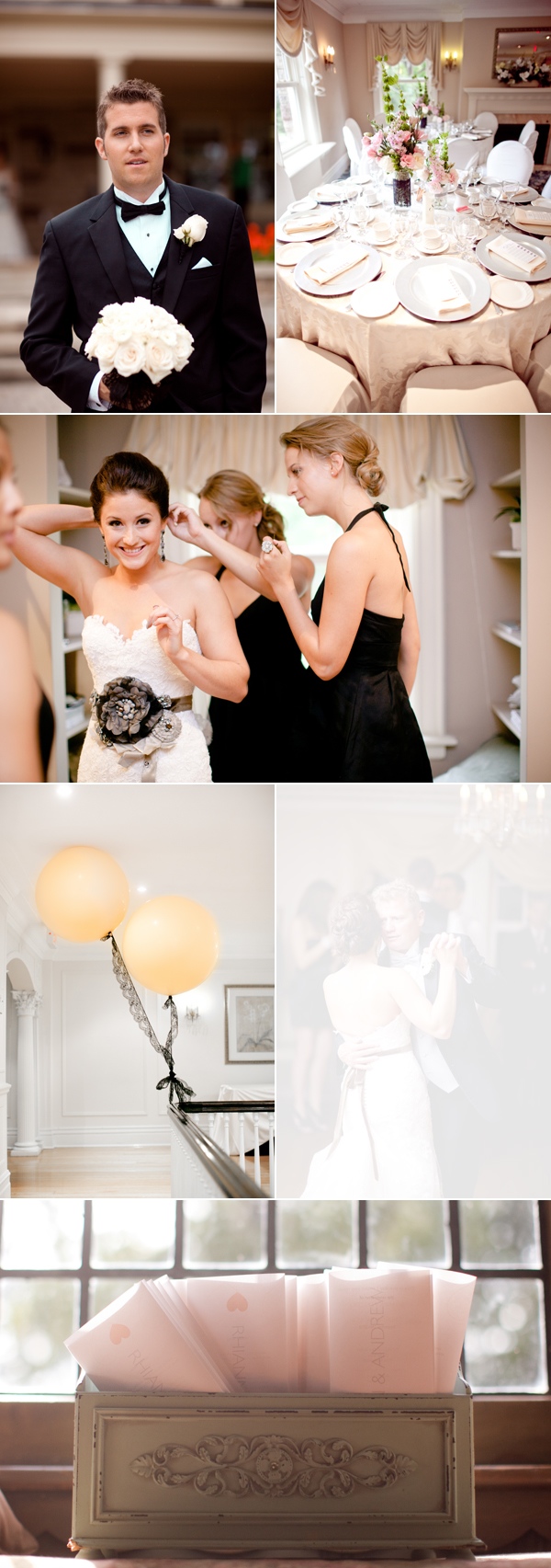 groom holding bouquet;  reception tables; bridesmaids helping bride get ready; balloons on banister of Mansion; personalized cards