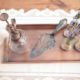 serving tray with vintage cake server and bottle