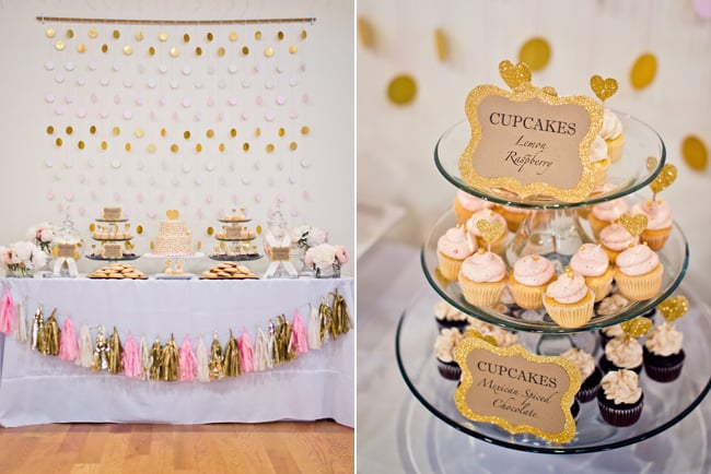 Pink and Gold Wedding themed dessert table with cupcakes
