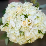 white hydrangea and white rose wedding bouquet