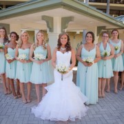 31 bride in mermaid shaped sweet heart neckline wedidng dress and bridesmails in teal color dresses at nautical themed wedding