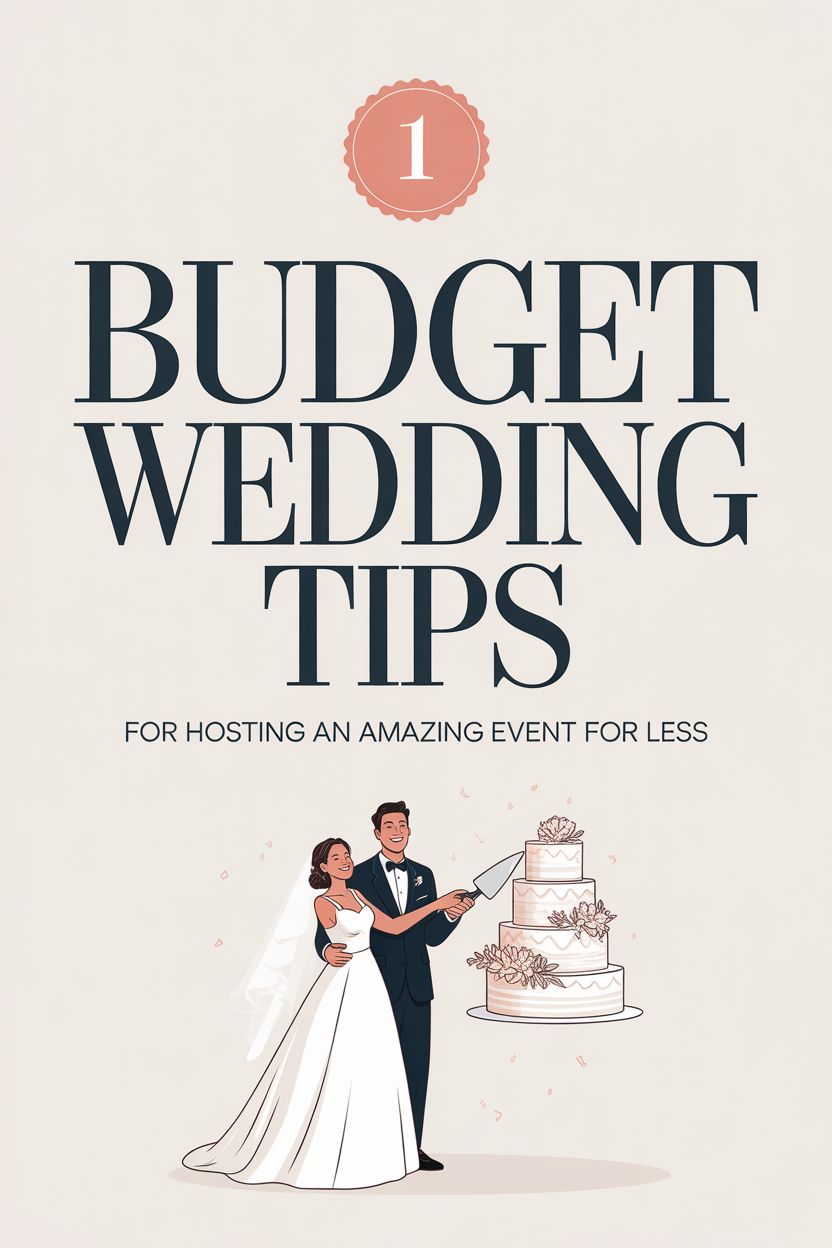 Illustration of a bride and groom cutting a wedding cake with the text "Budget Wedding Tips: Cut Wedding Costs for Hosting an Amazing Event for Less" above them.