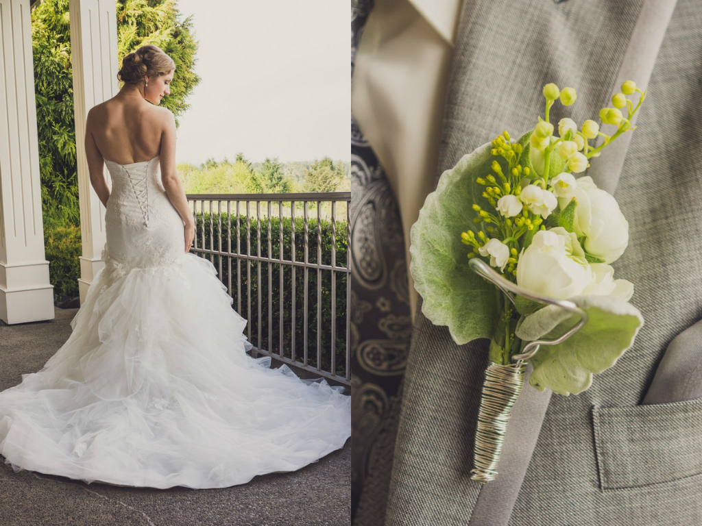 Bride in strapless mermaid gown with corset lace-up back and ruffled organza train at vineyard