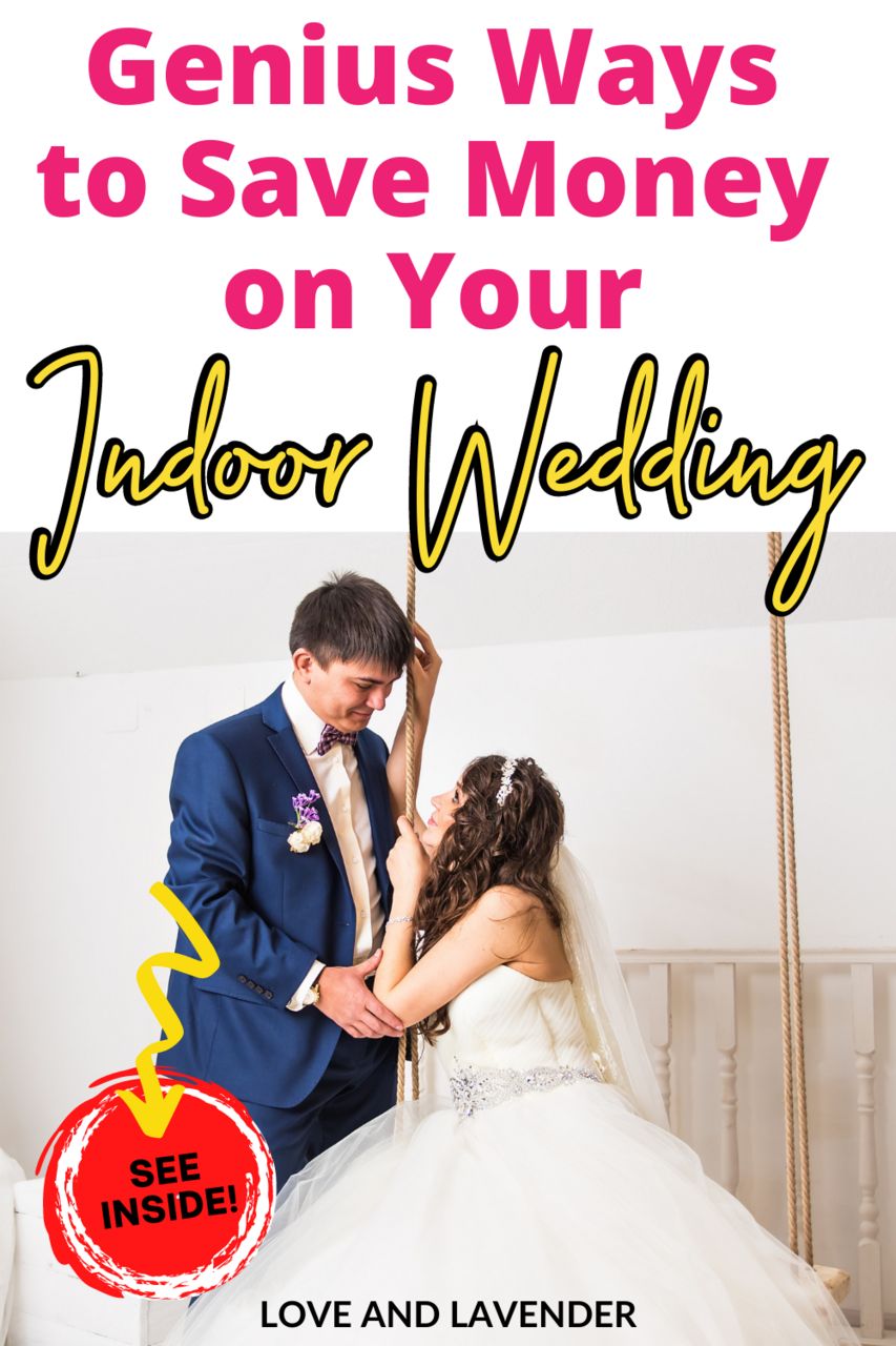 A bride and groom smile at each other indoors beneath tips to cut wedding costs, with a "See Inside!" badge and "Love and Lavender" featured at the bottom.