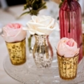 32 La Caille Weddings and Events wedding reception centerpieces gold and pink vases with roses