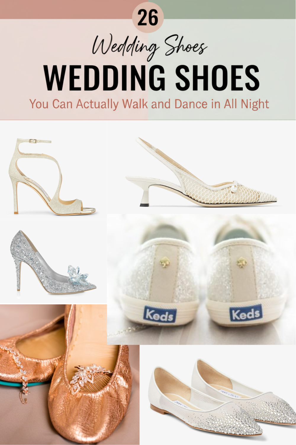 A collage displays various popular designer bridal shoes, including high heels, flats, sandals, and sneakers in different colors and embellishments.