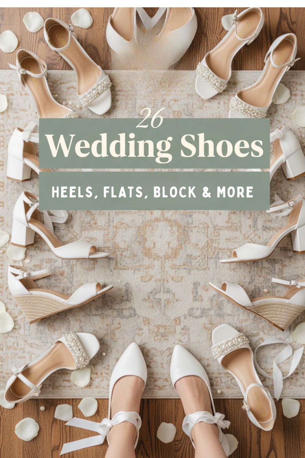White bridal shoes in various styles, including popular designer bridal shoes, are arranged in a circle on a rug with rose petals, overlaid with text: “26 Wedding Shoes - Heels, Flats, Block & More.”.