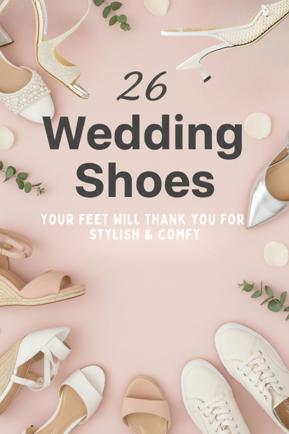 Flat lay of popular designer bridal shoes—including heels, flats, sandals, and sneakers—arranged around "26 Wedding Shoes" on a pale pink background with flower petals and leaves.
