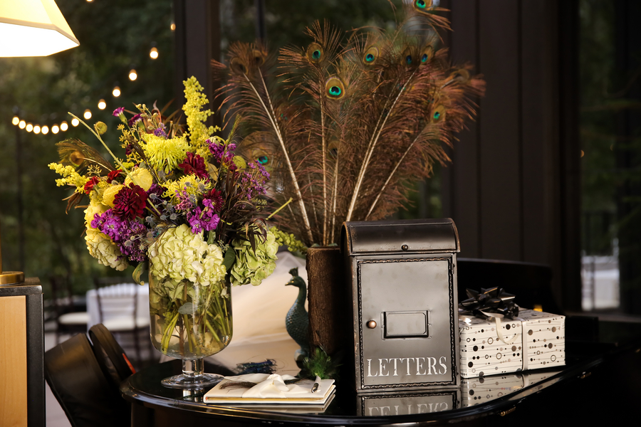 Vintage mailbox used as wedding guest book drop box where guests deposit message cards at Rocky Mountain wedding at Snowbird