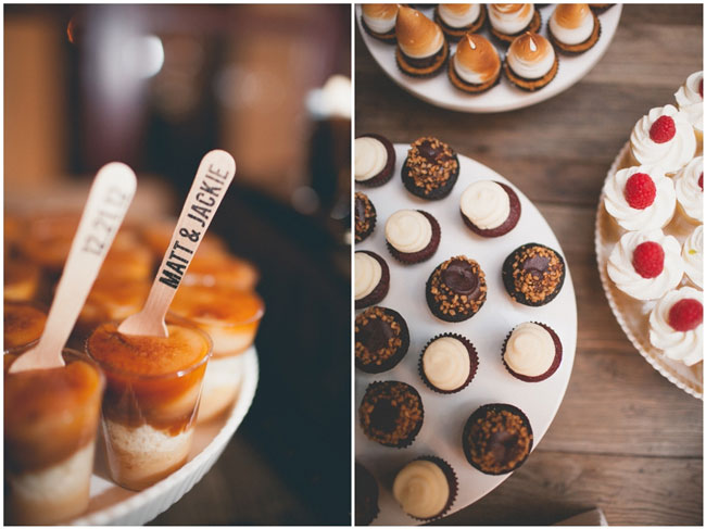 Assorted mini desserts on trays, including caramel shooters with custom spoons, chocolate cupcakes, and meringues with raspberries—perfect alongside a variety of wedding cake styles.