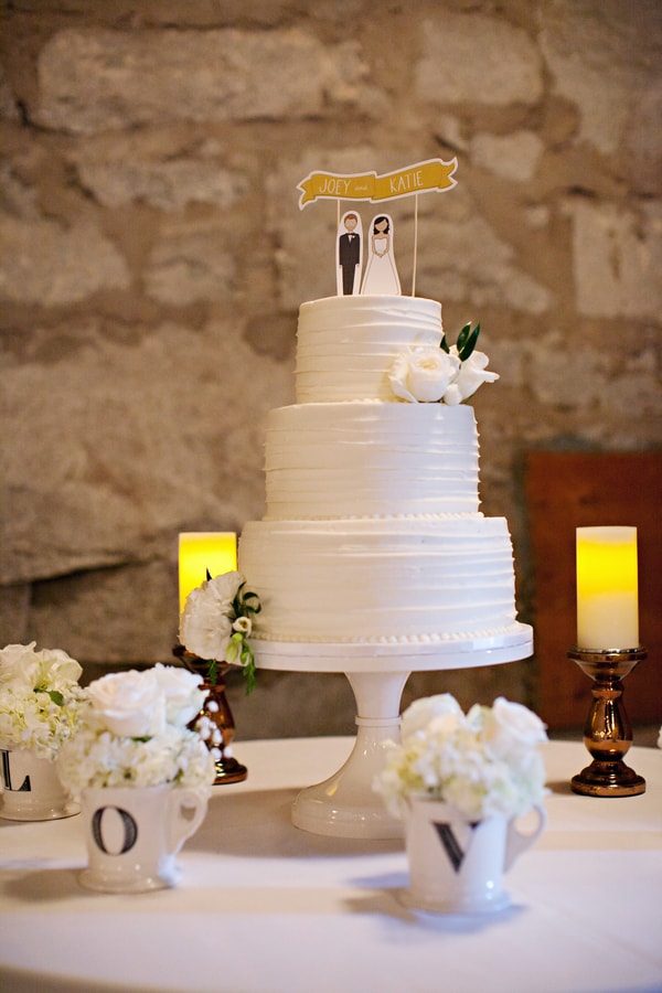 A three-tiered white wedding cake, showcasing elegant wedding cake styles with floral decorations and a bride and groom topper, sits on a table adorned with candles and white flower arrangements in lettered cups spelling “LOVE.”.
