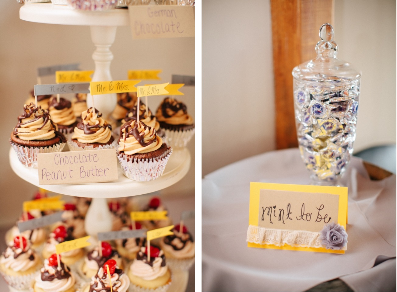 A tiered stand with labeled cupcakes, reminiscent of wedding cake styles, sits beside a glass jar of wrapped candies and a yellow card reading "Pink to be," all adorned with lace and a fabric flower.