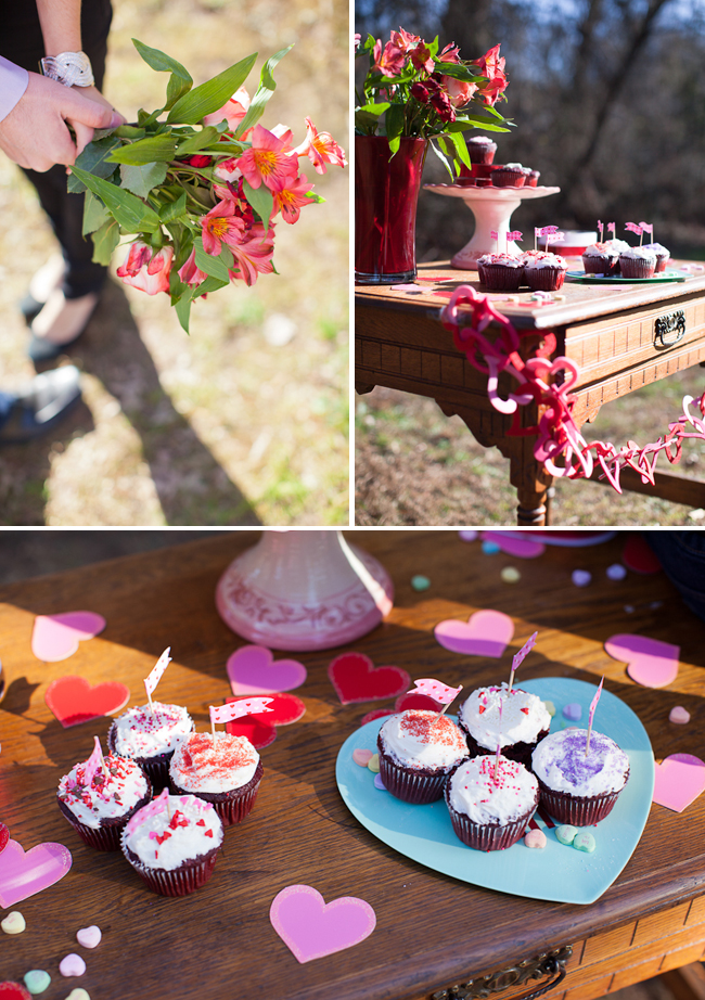 A collage shows a person holding pink flowers, cupcakes on a decorated wooden table, and close-ups of heart-themed cupcakes with sprinkles and small flags, offering inspiration for wedding cake styles.