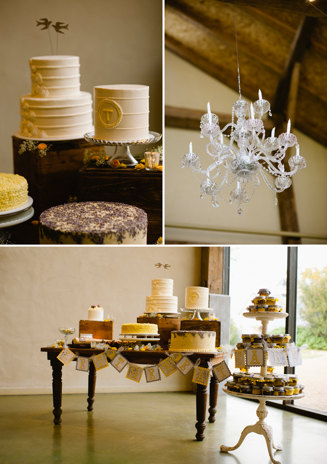 Three images showcase elegant wedding cake styles: white tiered cakes, a crystal chandelier, and a dessert table filled with cakes and treats on wooden stands, all decorated with a celebratory banner.