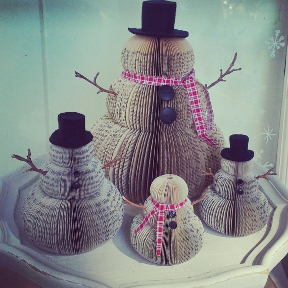 vintage set of snow men made out of book pages