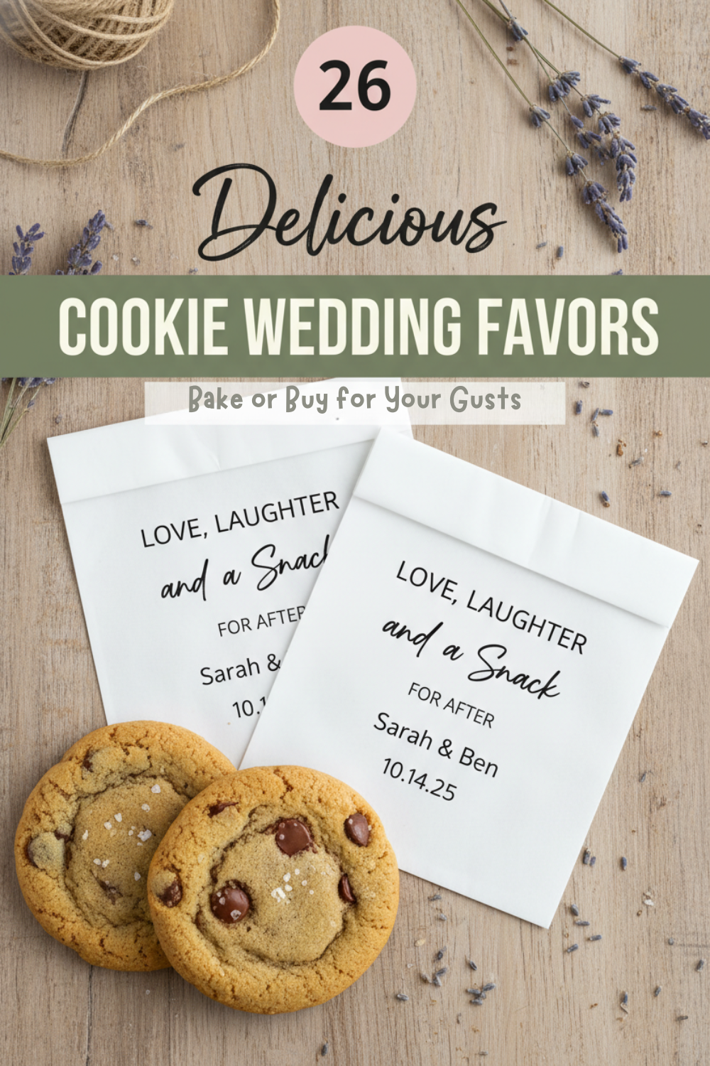 Wedding cookie favors for guests in white paper bags with personalized text, featuring chocolate chip cookies on rustic wood background with lavender sprigs