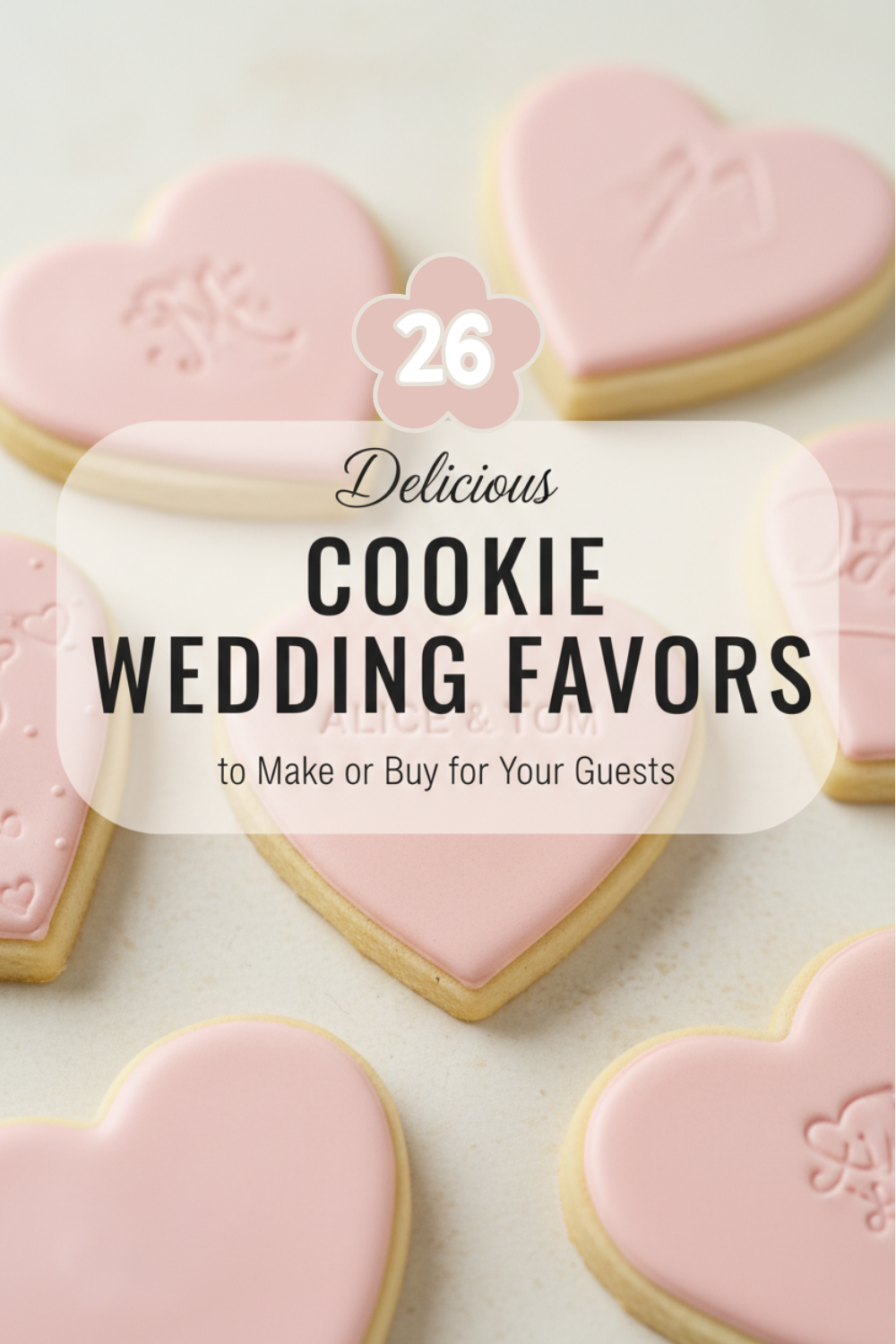 Pink heart-shaped cookie wedding favors with embossed "Love" text arranged on white surface for wedding guests