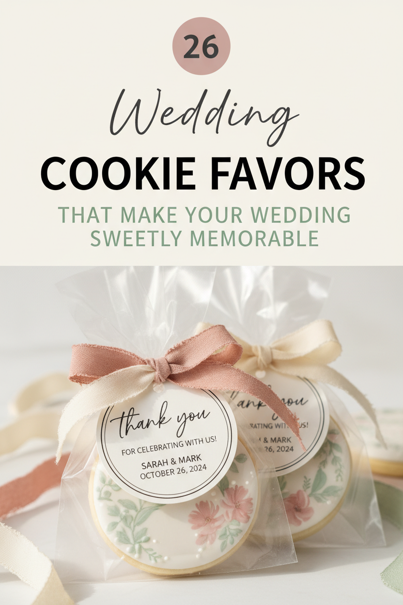 Wedding cookie favors wrapped in clear bags with floral designs and personalized thank you tags tied with ribbons