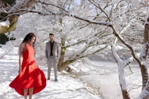 red dress engagement in winter at Van Dusen
