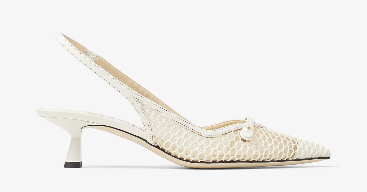 White Fishnet Mesh and Latte Nappa Slingback Pumps