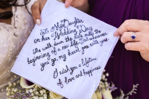 written note on bridal handkerchief