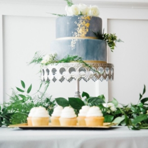 slate blue cake on silver platter