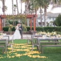 outdoor ceremony space with yellow petals and picnic tables