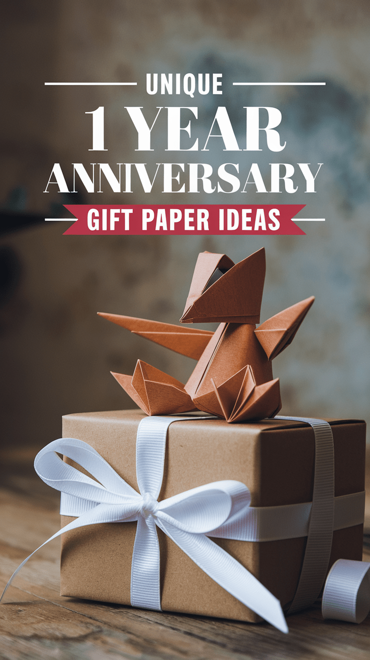 beautifully wrapped paper gift with an origami decoration, perfect for a 1 year anniversary gift paper celebration, offering creative and sweet ideas for your first year wedding anniversary.