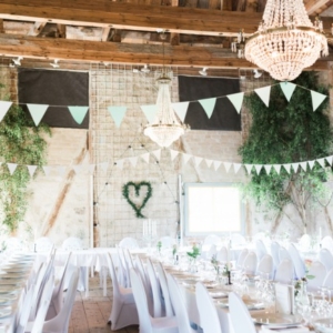 chandelier and bunting overhead