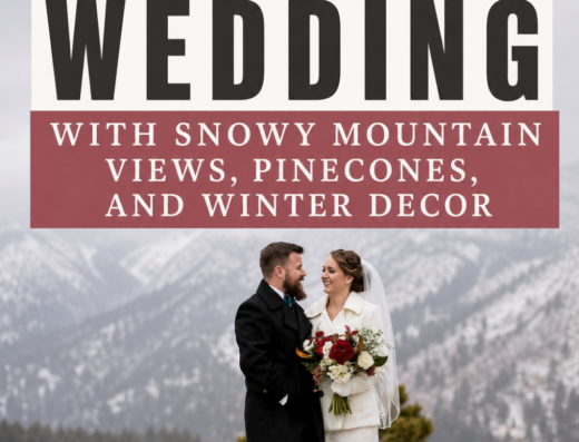 A bride and groom stand on a snowy mountain with pinecones, winter decor, and breathtaking mountains in the background. Text advertises a magical Colorado winter wedding in Rocky Mountain National Park.