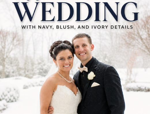 Bride and groom stand outside in snowy garden, smiling at camera. Bride wears white dress and holds bouquet; groom wears black suit with boutonniere, highlighting the elegant wedding atmosphere. Text above them reads “Gold Winter Wedding.”.