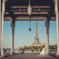 newlyweds in Paris with Eiffel Tower