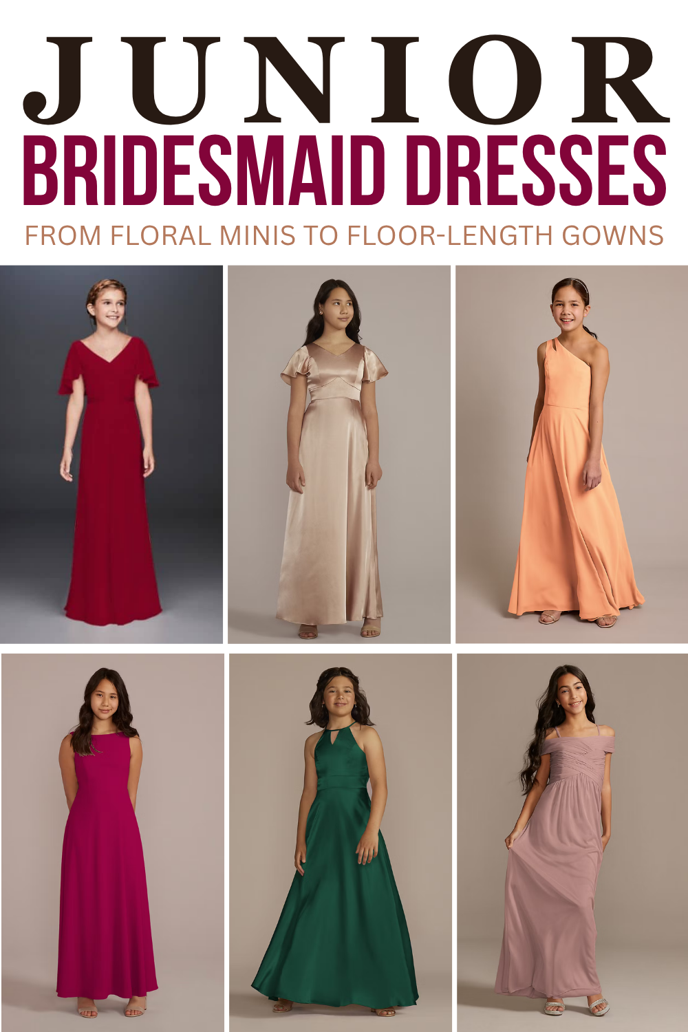 Six junior bridesmaids showcase cute bridesmaid dresses in different colors and styles, modeled frontally against a neutral background with text above highlighting Junior Bridesmaid Dresses options.