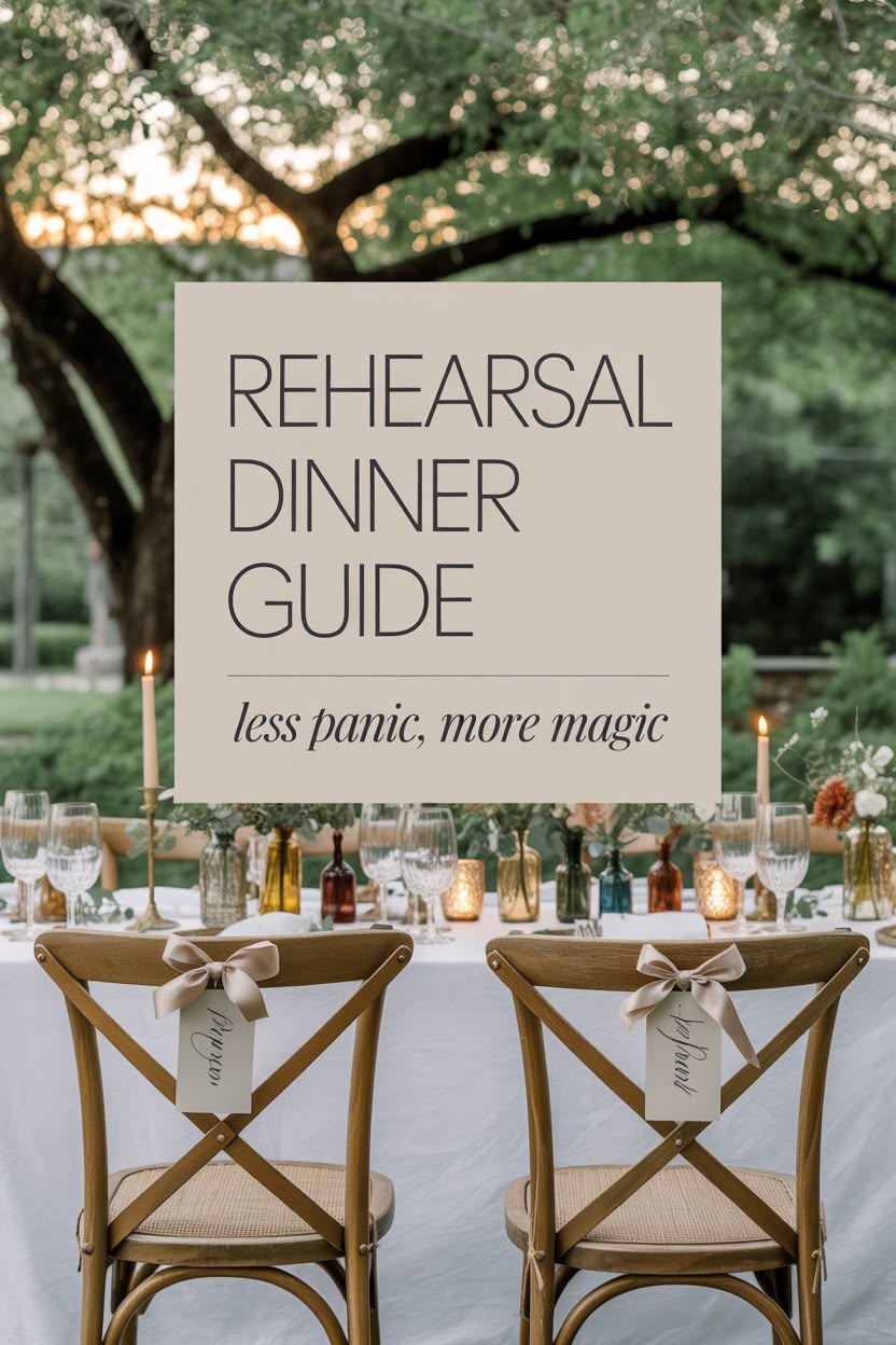 Outdoor dinner table setup with candles, flowers, and drinks; two chairs have "Mr." and "Mrs." tags. Large sign reads: "Rehearsal Dinner Guide - less panic, more magic." Discover top rehearsal dinner etiquette for a memorable evening.