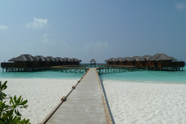 sandy beach water bungalows