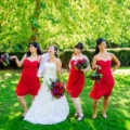 bridal-party-wearing-red-knee-length-dresses
