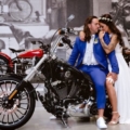 newlyweds on Harley Davidson motorcycle