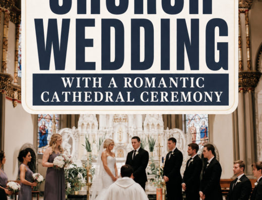 A bride wearing a stunning cathedral veil stands with her groom at the altar, surrounded by their wedding party and officiant in a grand Chicago cathedral; text reads, “Winter Church Wedding with a Romantic Cathedral Ceremony.”.