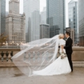 Winter newlyweds with Chicago skyline
