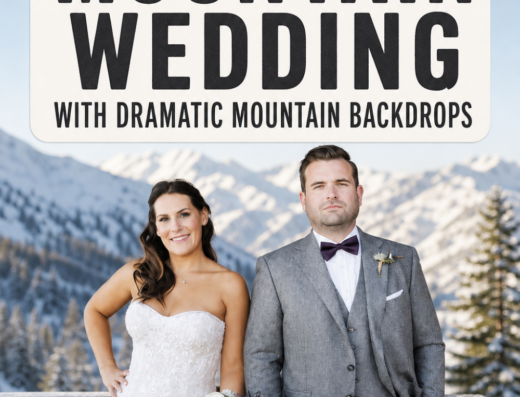 Bride and groom stand on a wooden deck at High West Distillery, with snow-covered mountains and pine trees in the background. Sign above reads, “Winter Mountain Wedding with Dramatic Mountain Backdrops,” setting the scene for a modern wedding in the heart of the mountains.