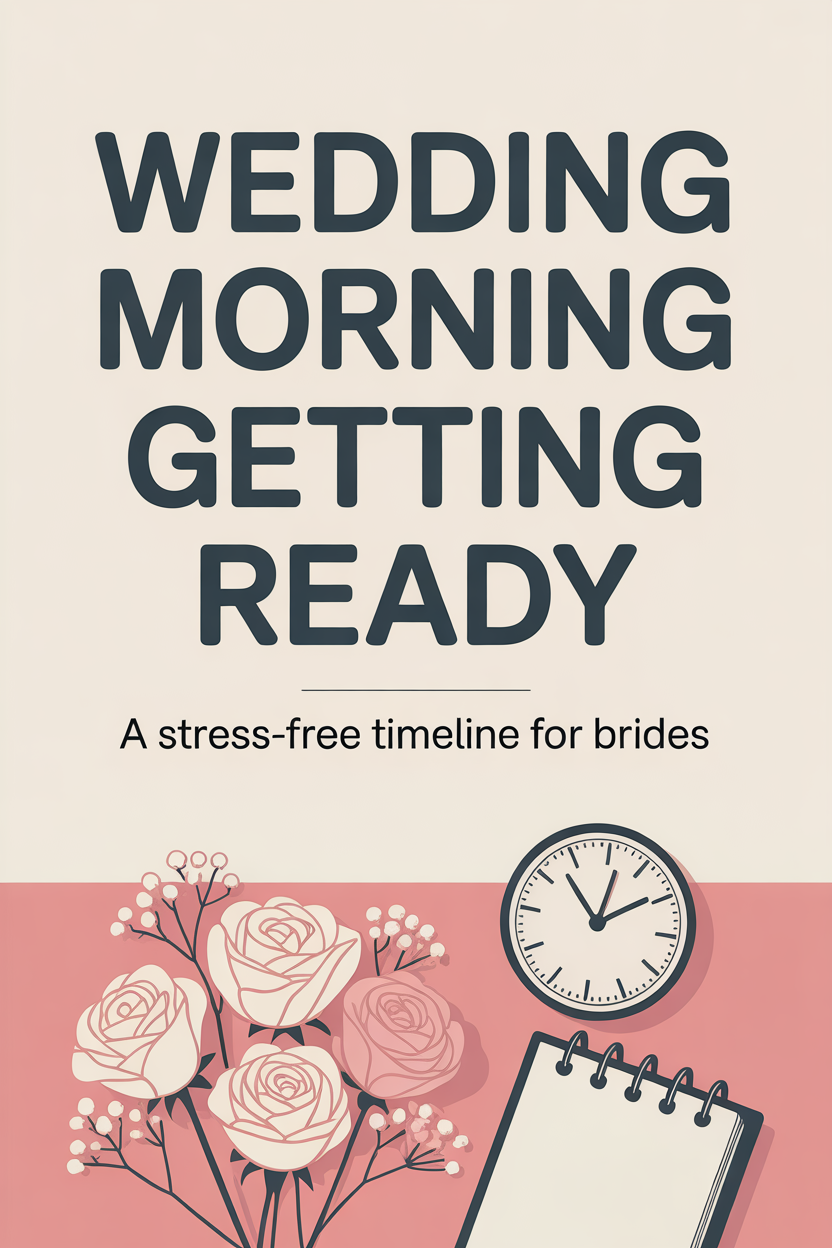 Illustration with text "Wedding Morning Getting Ready: A stress-free timeline for brides," featuring roses, a clock, and a notepad—perfect for wedding tips and making your getting ready moments seamless.