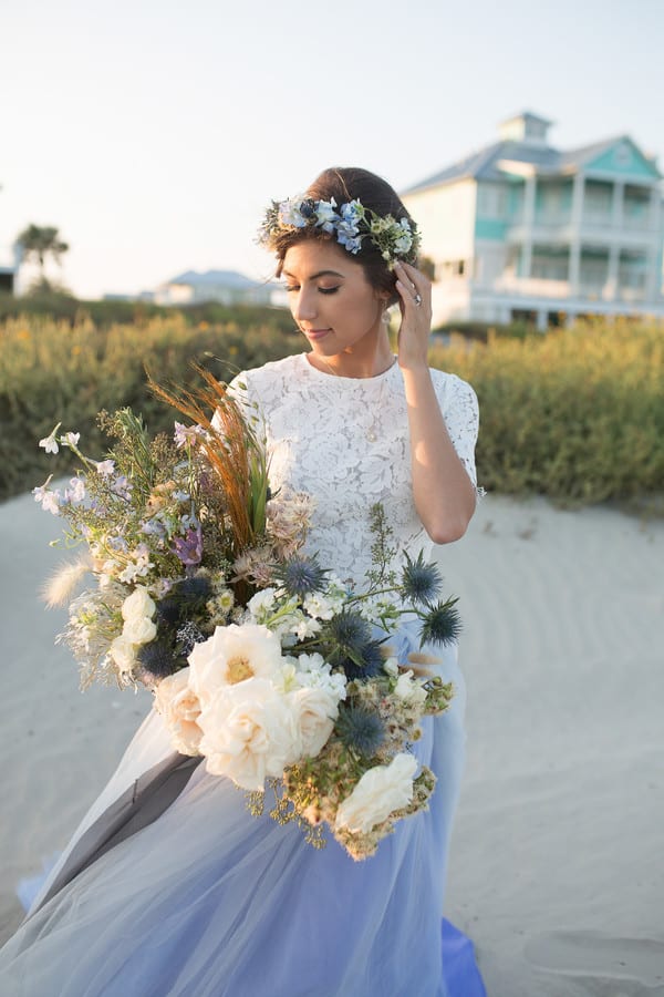 Bridal portrait with flower crown and wild flower bouquet