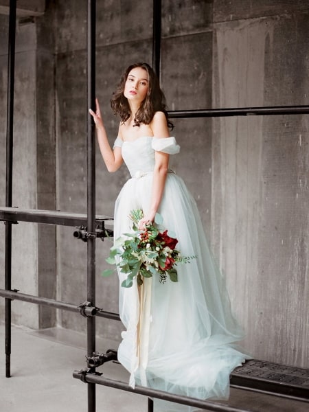 wedding dress with blue accents