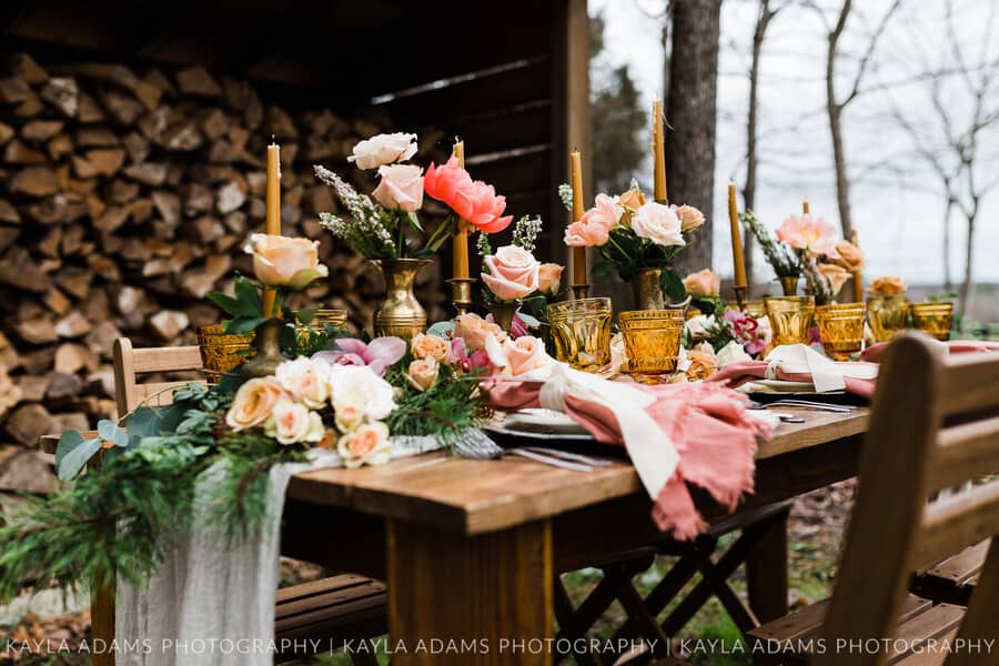 wedding-reception-table-portrait-gold-vases-candle-holders-wooden-boho