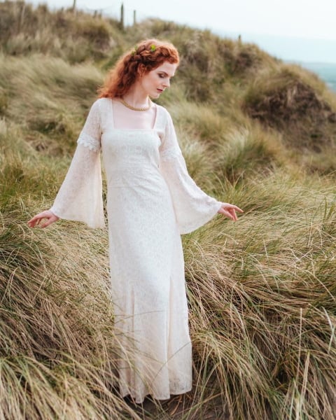 white linen medieval wedding dress