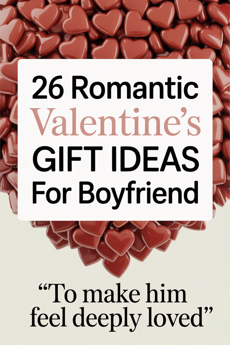 A graphic with many small red hearts and text reading "26 Romantic Valentine's Gift Ideas For Boyfriend" and "To make him feel deeply loved," inspired by our 2026 gift guide for unique Valentine's Day gifts.